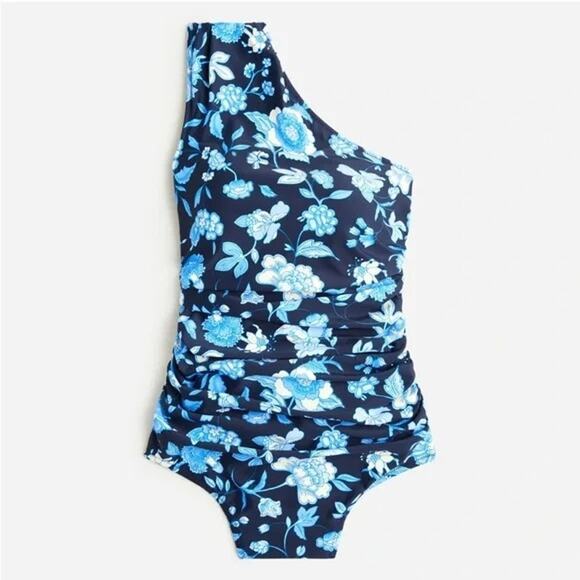 NWT J.Crew Floral Ruched One Shoulder Swimsuit BM459 24 Midnight Blue #2904 - Picture 1 of 14